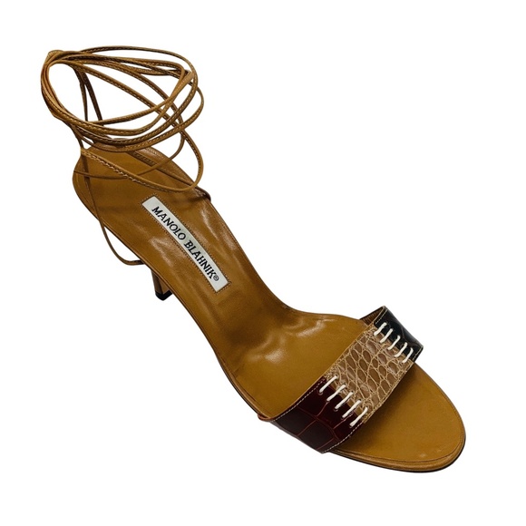 MANOLO BLAHNIK BROWN / TAN EMBOSSED LEATHER ANKLE WRAP SANDALS